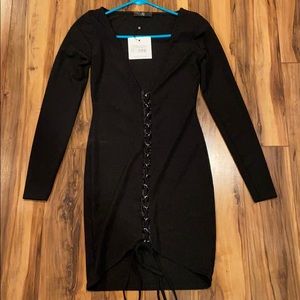 Rubbed Bardot Lace Up Bodycon Dress